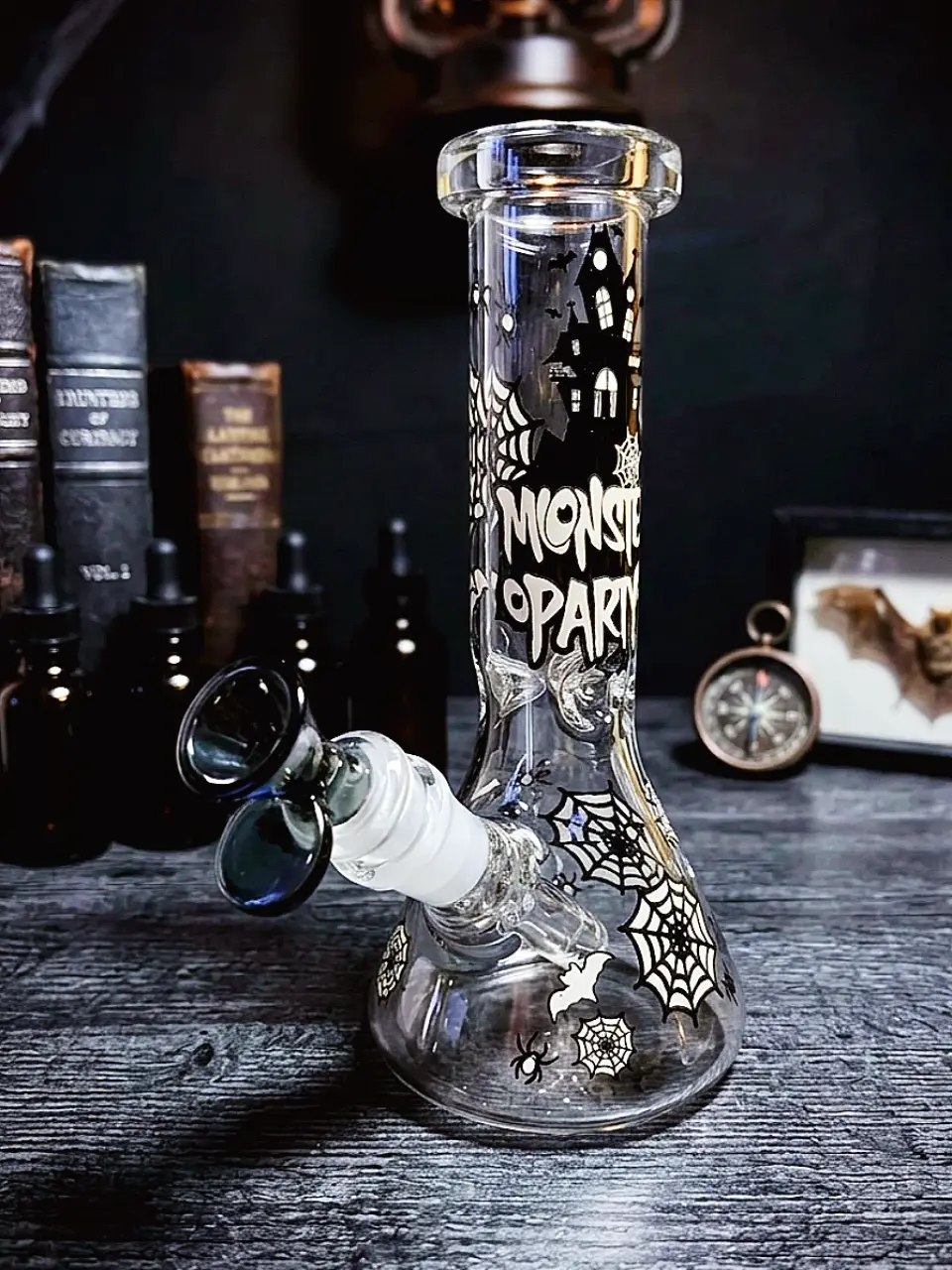 Gothic Castle & Spiderweb Glow Beaker Glass Bong