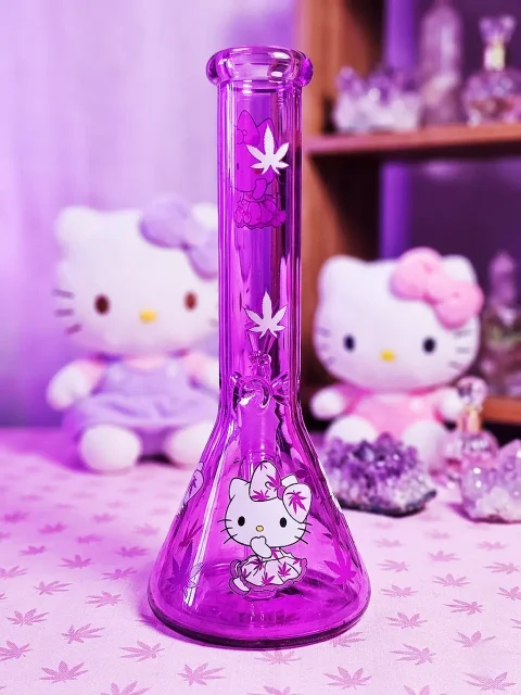 Hello Kitty Leaf Street Art Purple Beaker Glass Bong-2 Hello Kitty Leaf Street Art Purple Beaker Glass Bong
