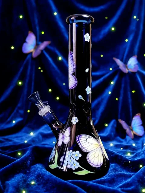 Midnight Butterfly & Floral Deep Blue Beaker Bong-1 Midnight Butterfly & Floral Deep Blue Beaker Bong