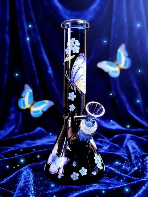 Midnight Butterfly & Floral Deep Blue Beaker Bong
