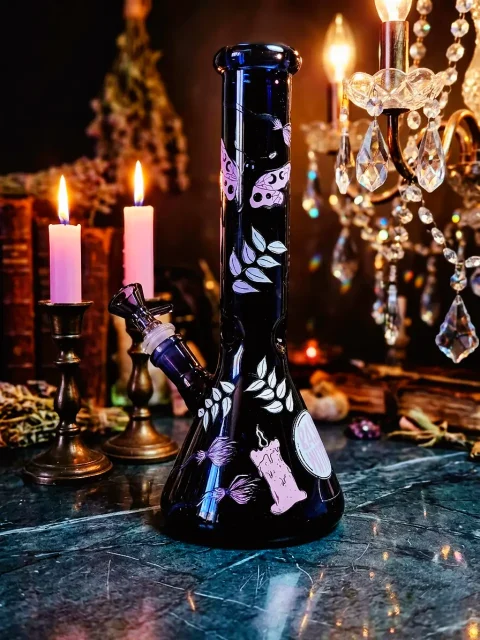 Witch Candle & Butterfly Deep Blue Beaker Bong-2 Witch Candle & Butterfly Deep Blue Beaker Bong