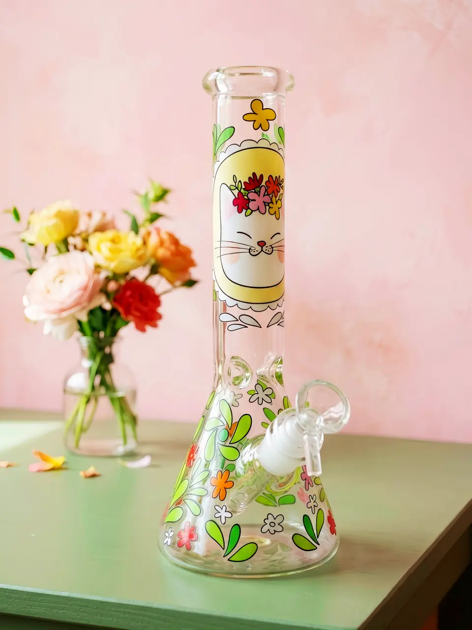 Flower Crown Cat Beaker Glass Bong | Blooming Whisker Garden