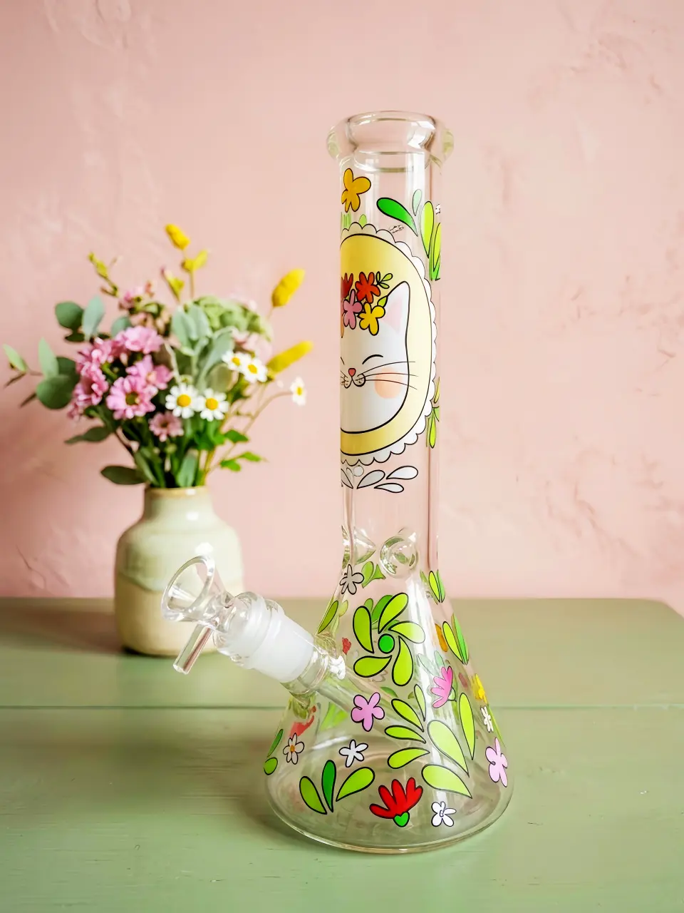 Flower Crown Cat Beaker Glass Bong | Blooming Whisker Garden