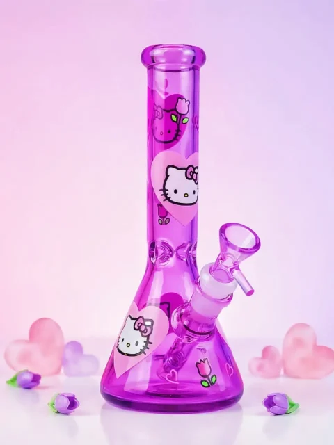 Hello Kitty Heart & Floral Purple Glass Beaker Bong | Violet Hearts in Bloom
