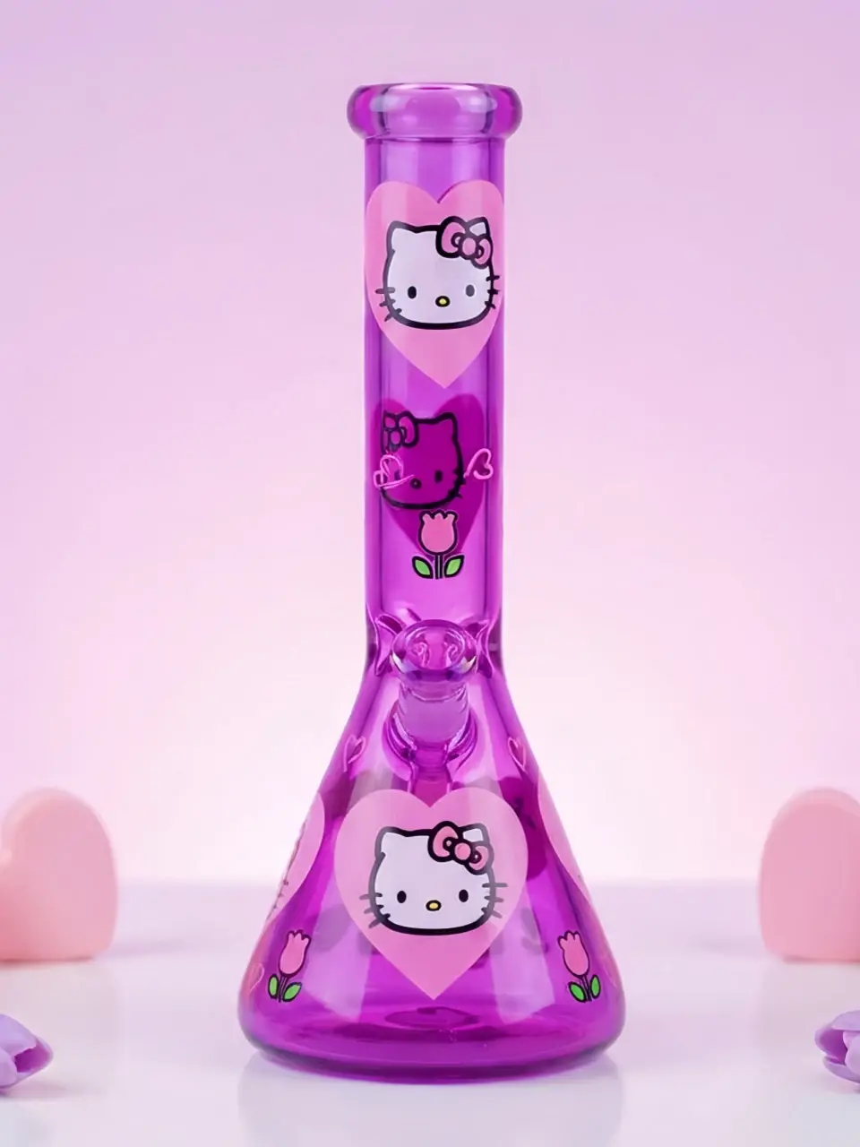 Hello Kitty Heart & Floral Purple Glass Beaker Bong | Violet Hearts in Bloom