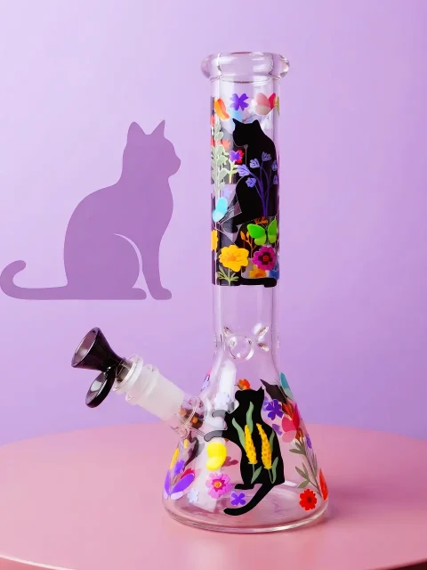 Floral Cat Butterfly Beaker Glass Bong | Enchanted Garden Whiskers Floral Cat Butterfly Beaker Glass Bong | Enchanted Garden Whiskers