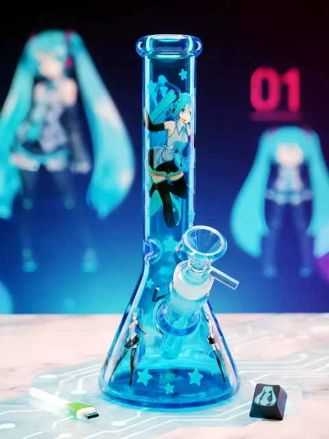Hatsune Miku Virtual Diva Teal Blue Beaker Glass Bong | Digital Dream Stage