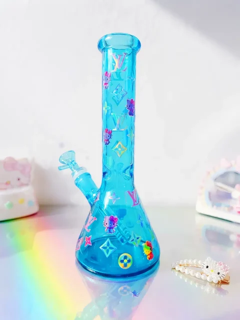 Hello Kitty LV Holographic Glass Bong | Rainbow Monogram Glow