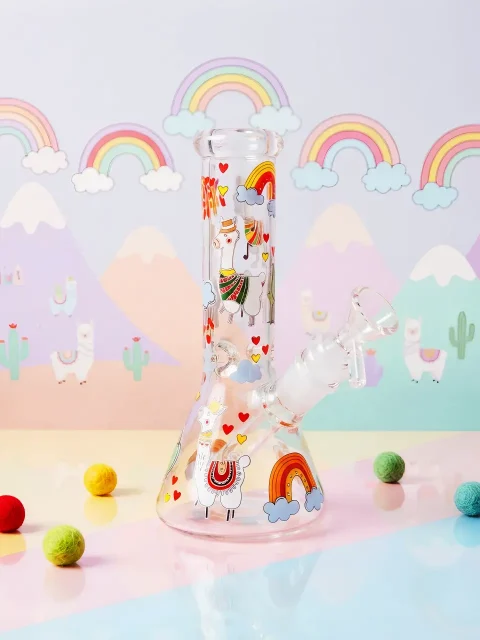 Rainbow Alpaca Hearts & Clouds Glass Bong | Retro Dreamy Skies