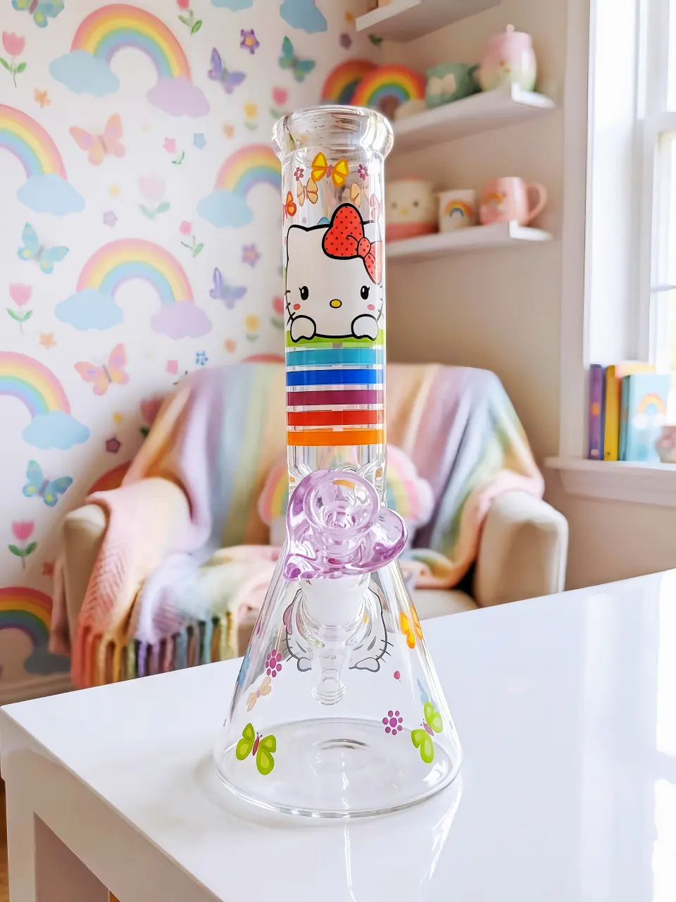🦋 Hello Kitty Rainbow Butterfly Glass Bong | Pastel Daydream