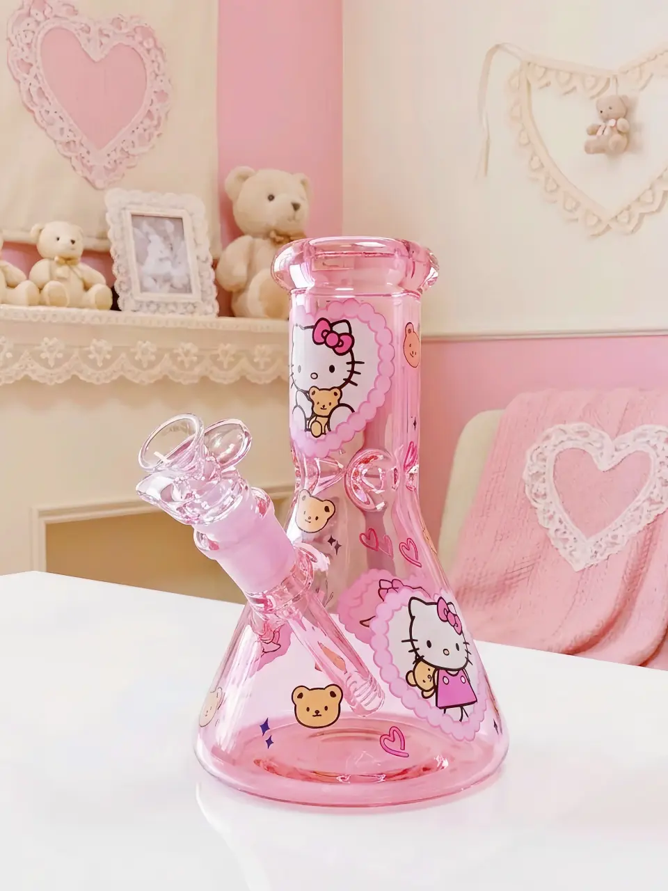 🎀 Hello Kitty Pink Glass Bong | Teddy Bear Sweetheart