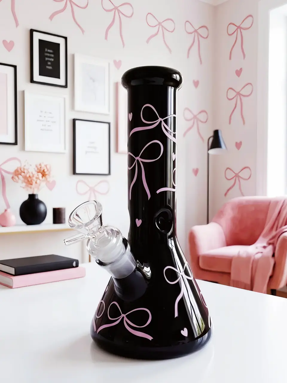 Navy Blue Ribbon Bow Glass Bong | Midnight Coquette