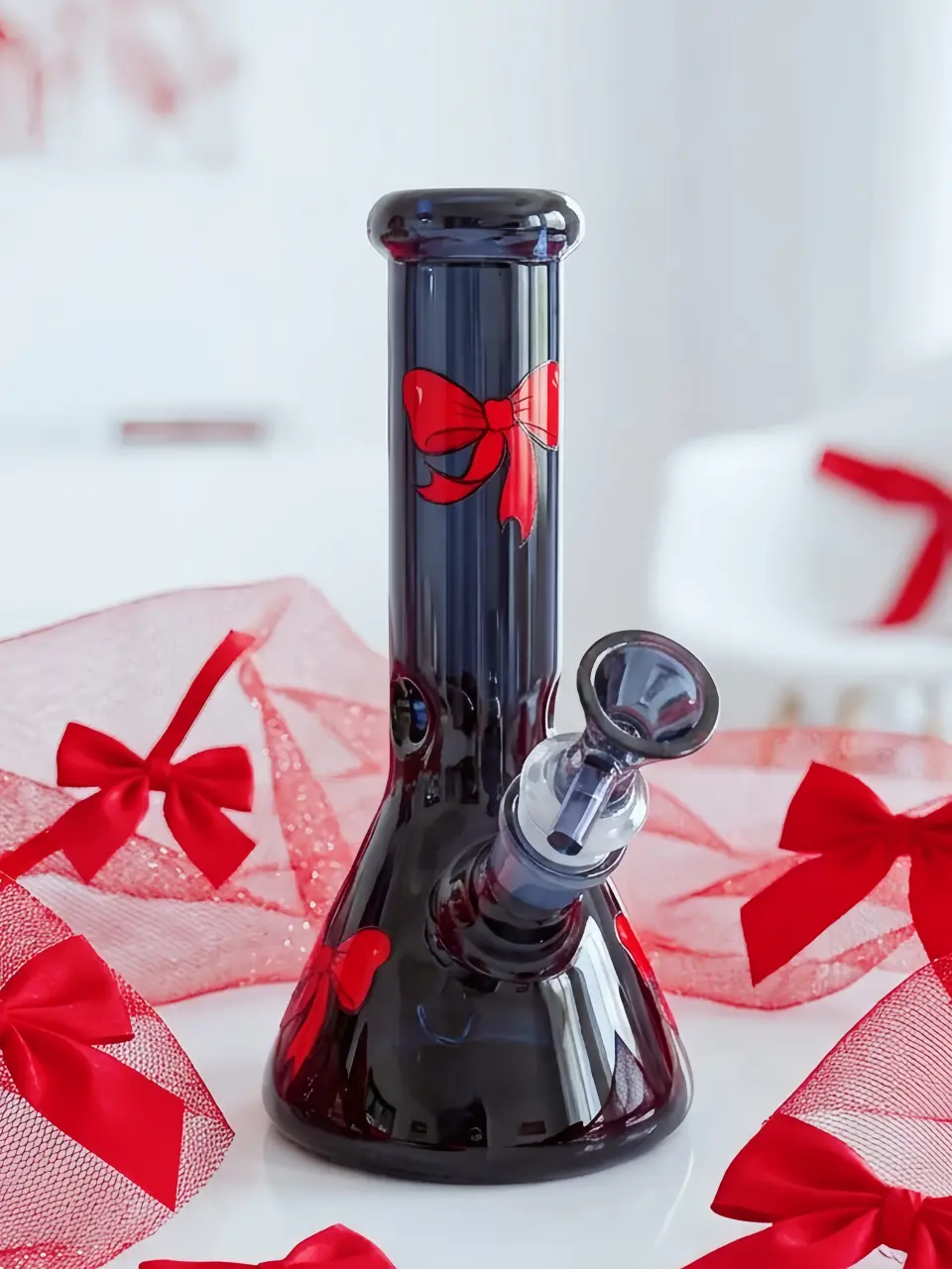 Red Ribbon Navy Glass Bong | Midnight Scarlet