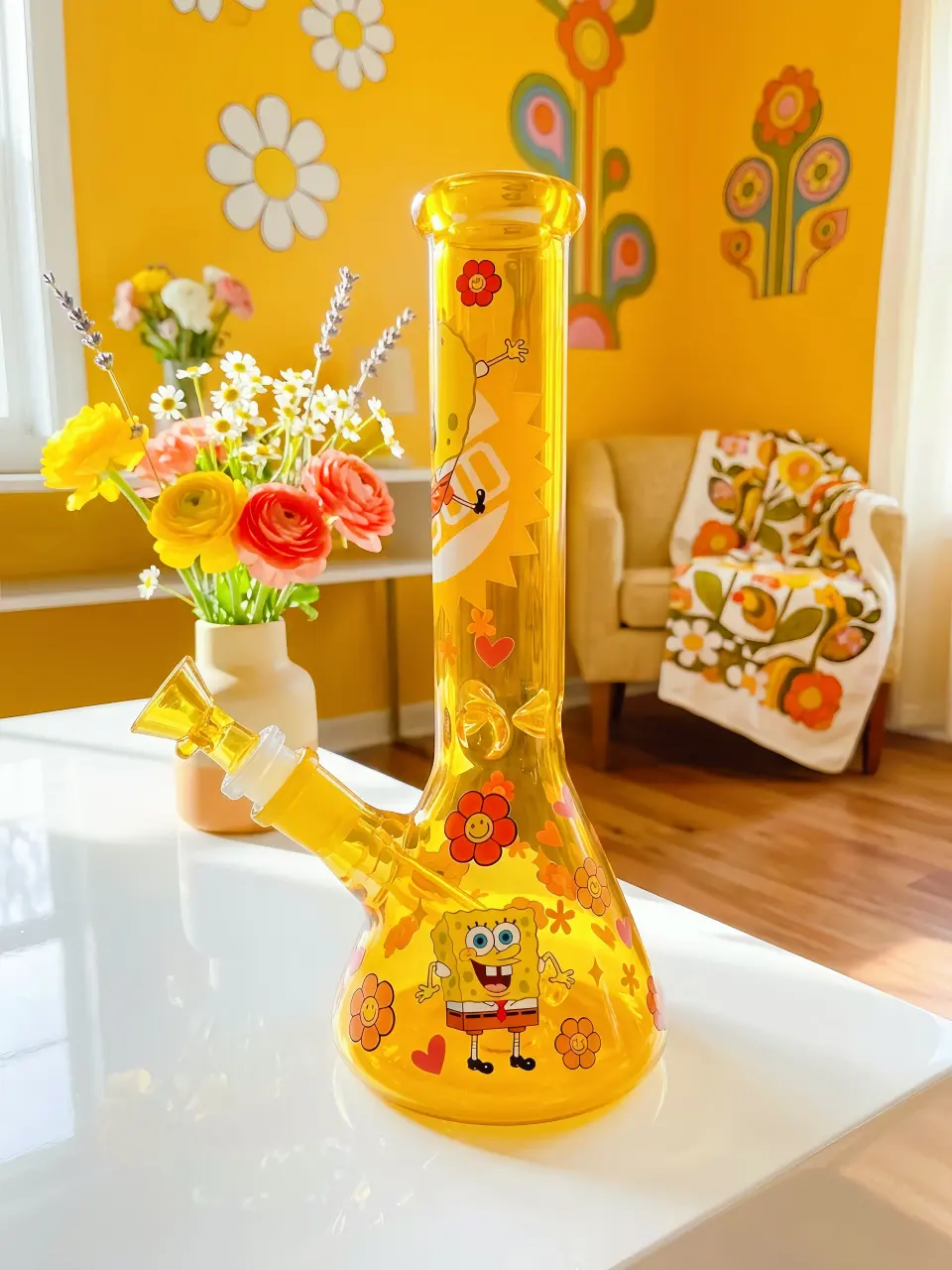 🍍 SpongeBob SquarePants Amber Smiley Glass Bong | Golden Happy Days